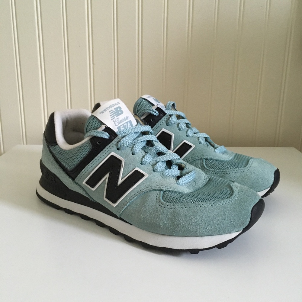 New Balance 574 suede sneakers light teal black white women's size 7.5 GUC